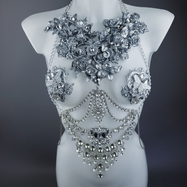 "Merayu" Silver Diamante Filigree Jewellery Harness with Pasties