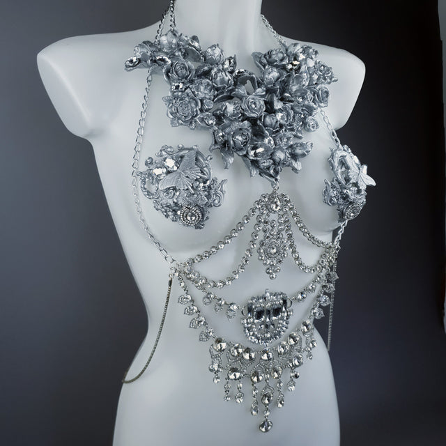 "Merayu" Silver Diamante Filigree Jewellery Harness with Pasties
