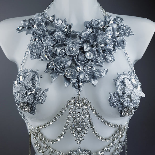 "Merayu" Silver Diamante Filigree Jewellery Harness with Pasties