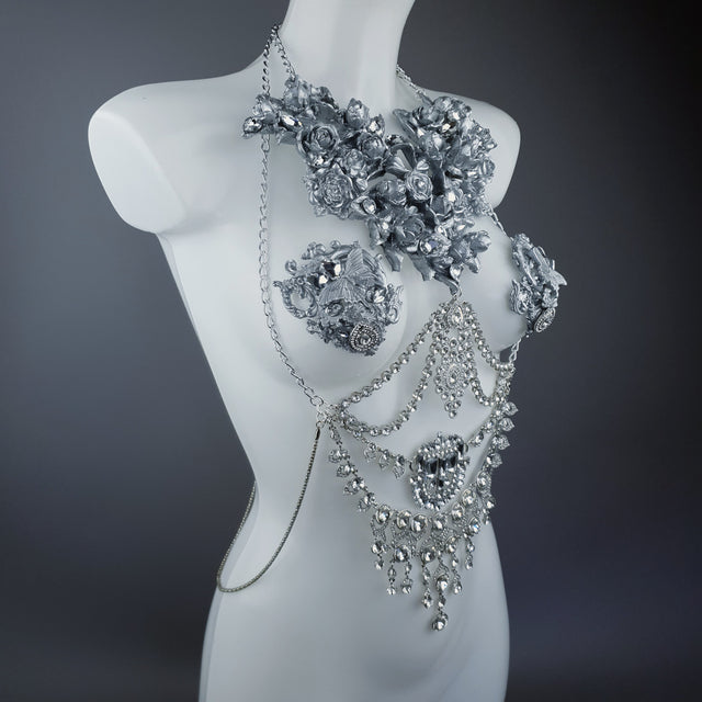 "Merayu" Silver Diamante Filigree Jewellery Harness with Pasties