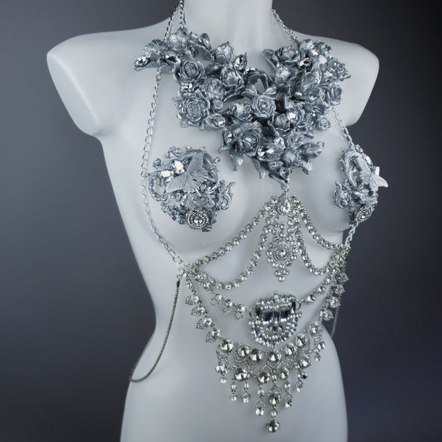"Merayu" Silver Diamante Filigree Jewellery Harness with Pasties