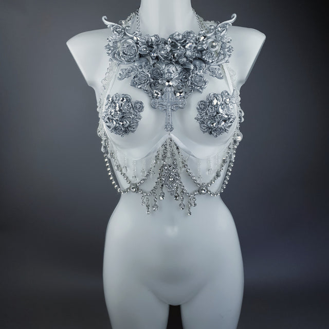 "Seduir" Silver Diamante Filigree Jewellery Harness with Pasties