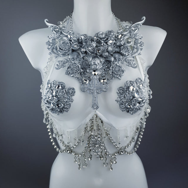 "Seduir" Silver Diamante Filigree Jewellery Harness with Pasties