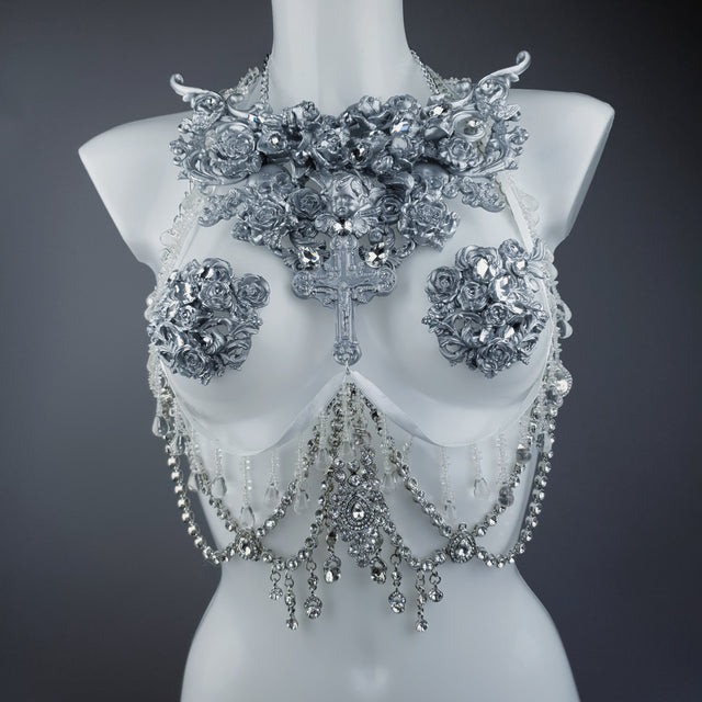 "Seduir" Silver Diamante Filigree Jewellery Harness with Pasties
