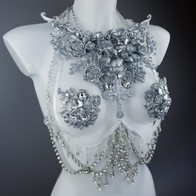 "Seduir" Silver Diamante Filigree Jewellery Harness with Pasties