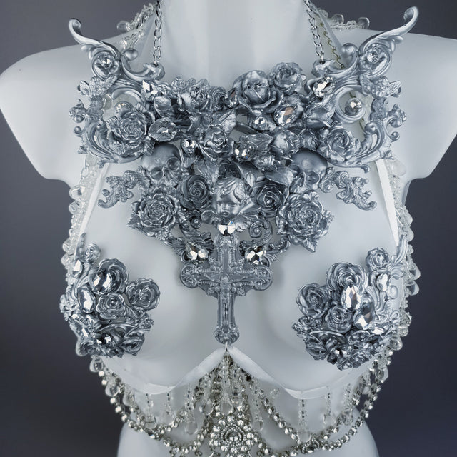 "Seduir" Silver Diamante Filigree Jewellery Harness with Pasties