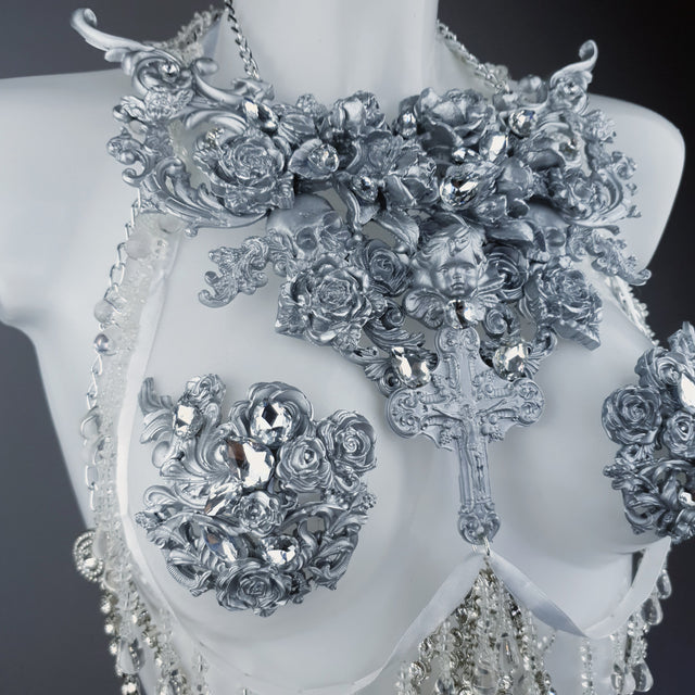 "Seduir" Silver Diamante Filigree Jewellery Harness with Pasties