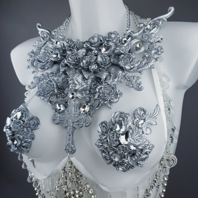 "Seduir" Silver Diamante Filigree Jewellery Harness with Pasties