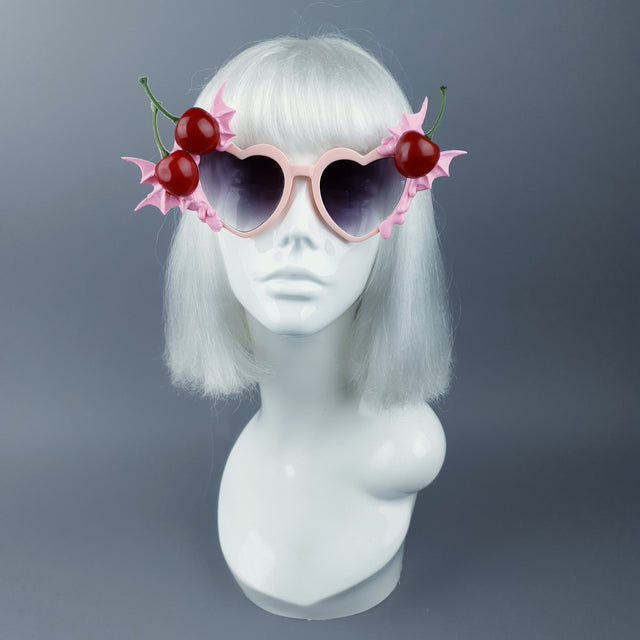 "Tricksy" Pink Bat Wing & Cherry Heart Shaped Sunglasses
