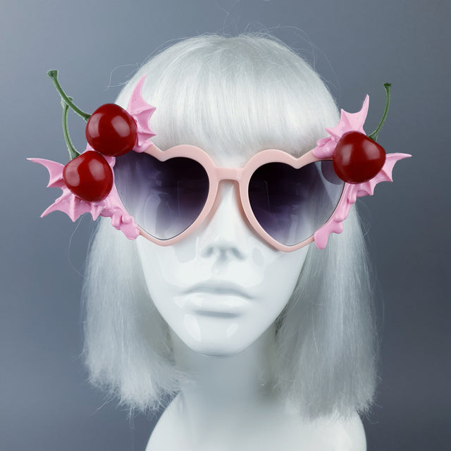 "Tricksy" Pink Bat Wing & Cherry Heart Shaped Sunglasses