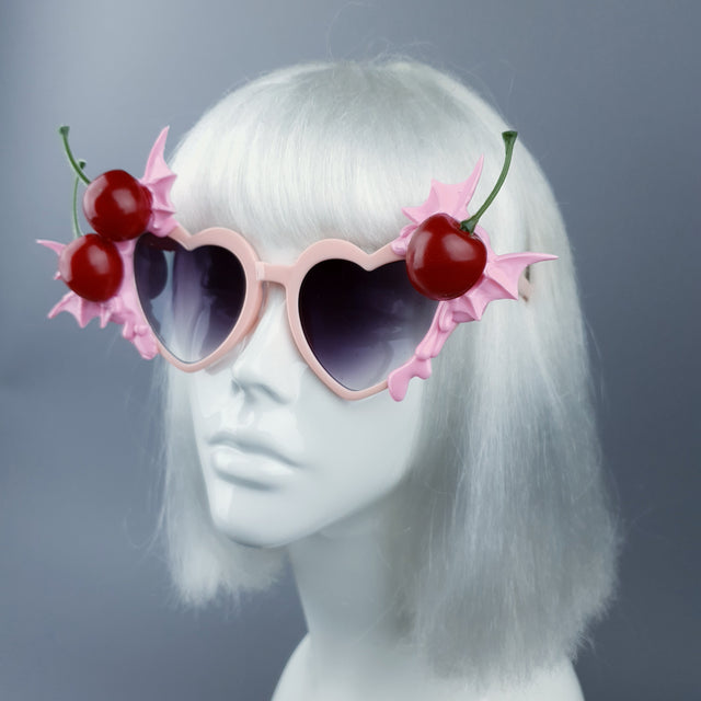 "Tricksy" Pink Bat Wing & Cherry Heart Shaped Sunglasses