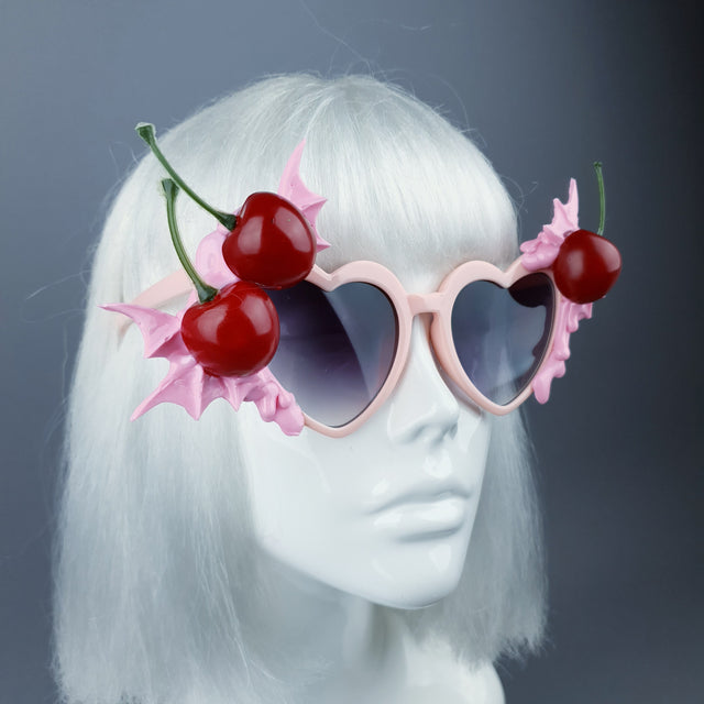 "Tricksy" Pink Bat Wing & Cherry Heart Shaped Sunglasses