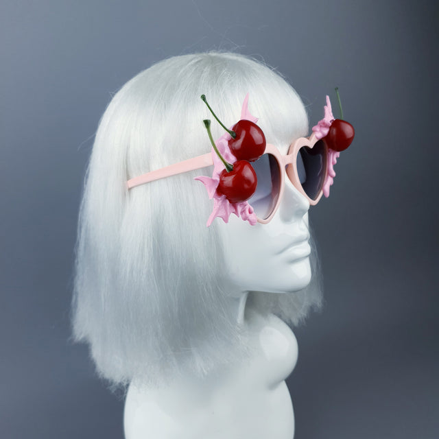 "Tricksy" Pink Bat Wing & Cherry Heart Shaped Sunglasses
