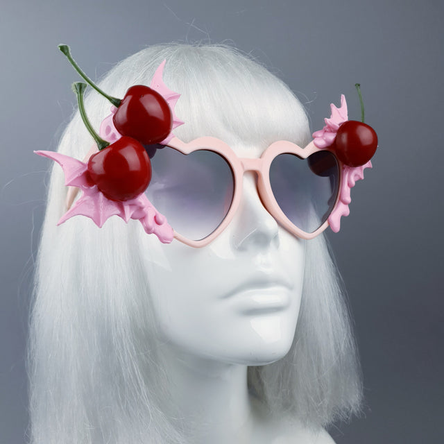 "Tricksy" Pink Bat Wing & Cherry Heart Shaped Sunglasses