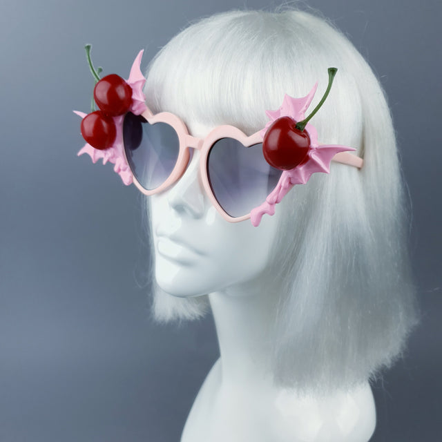 "Tricksy" Pink Bat Wing & Cherry Heart Shaped Sunglasses