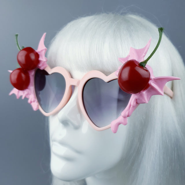 "Tricksy" Pink Bat Wing & Cherry Heart Shaped Sunglasses