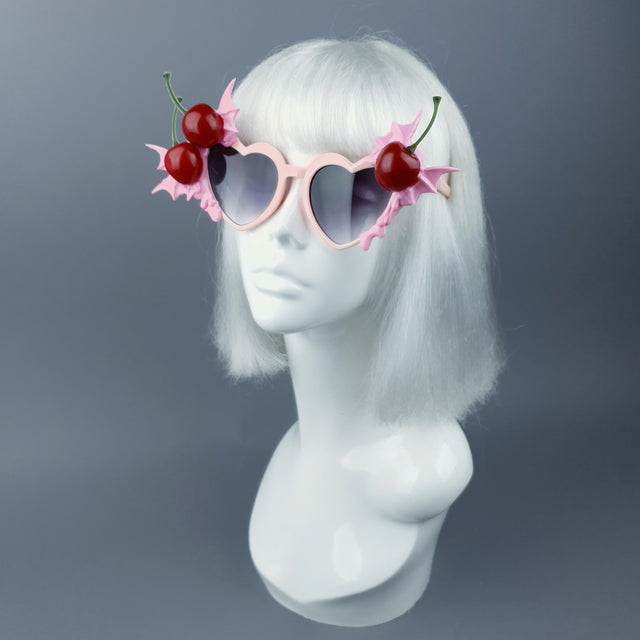 "Tricksy" Pink Bat Wing & Cherry Heart Shaped Sunglasses