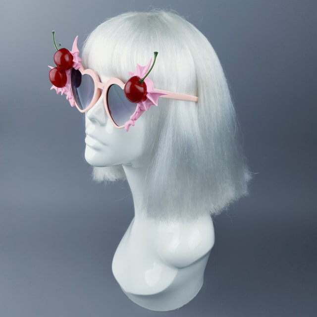 "Tricksy" Pink Bat Wing & Cherry Heart Shaped Sunglasses