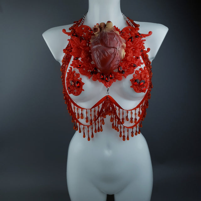 "Louvri" Red Anatomical Heart Diamante Filigree Jewellery Harness with Pasties