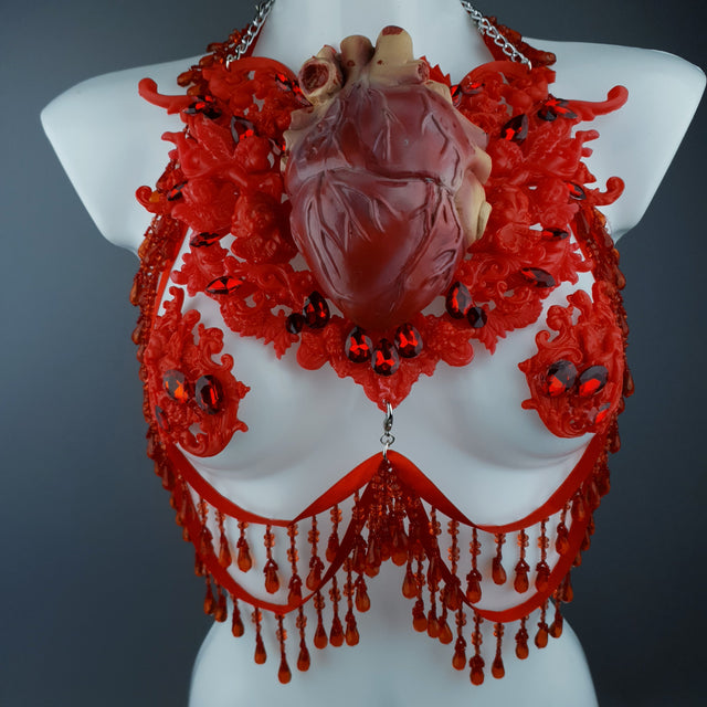 "Louvri" Red Anatomical Heart Diamante Filigree Jewellery Harness with Pasties