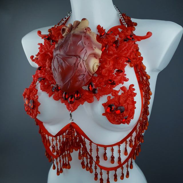 "Louvri" Red Anatomical Heart Diamante Filigree Jewellery Harness with Pasties