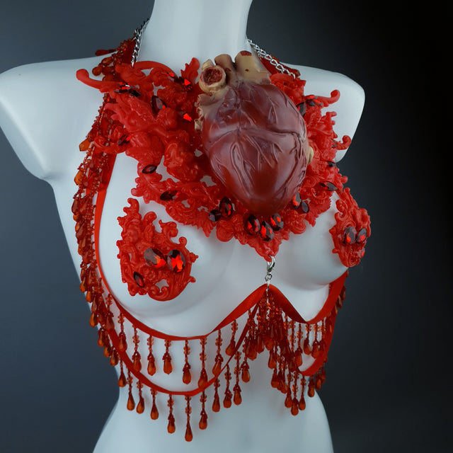 "Louvri" Red Anatomical Heart Diamante Filigree Jewellery Harness with Pasties