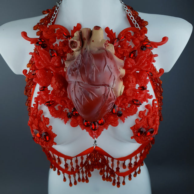"Louvri" Red Anatomical Heart Diamante Filigree Jewellery Harness with Pasties