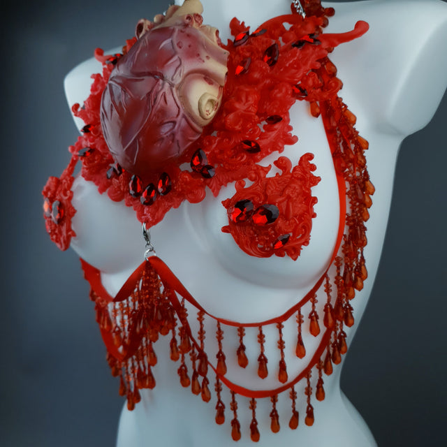 "Louvri" Red Anatomical Heart Diamante Filigree Jewellery Harness with Pasties