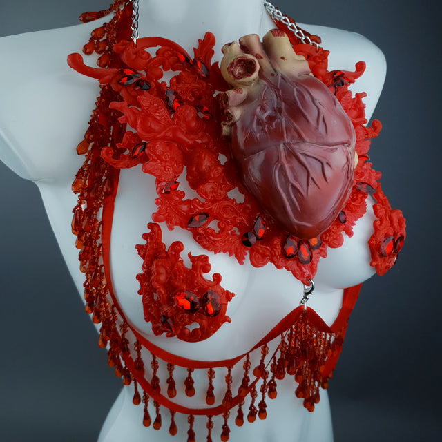 "Louvri" Red Anatomical Heart Diamante Filigree Jewellery Harness with Pasties