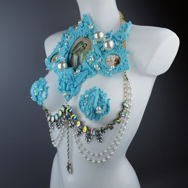 "Santua" Pastel Blue Virgin Mary & Pearl Filigree Jewellery Harness & Pasties