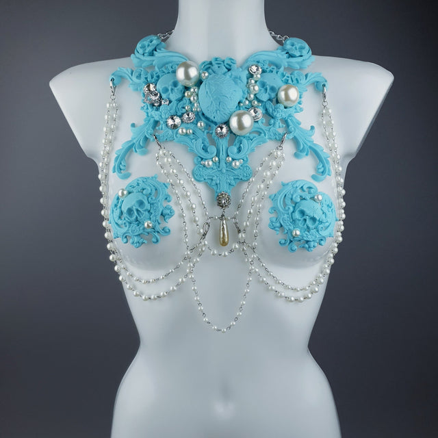 "Possess" Pastel Blue & Pearl 666 Filigree & Beading Jewellery Harness & Pasties