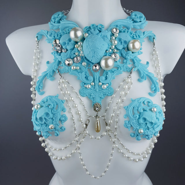 "Possess" Pastel Blue & Pearl 666 Filigree & Beading Jewellery Harness & Pasties
