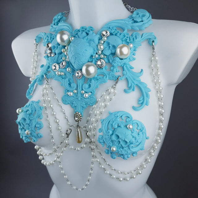 "Possess" Pastel Blue & Pearl 666 Filigree & Beading Jewellery Harness & Pasties