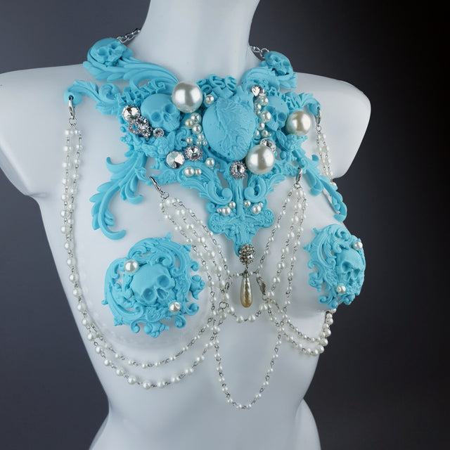 "Possess" Pastel Blue & Pearl 666 Filigree & Beading Jewellery Harness & Pasties
