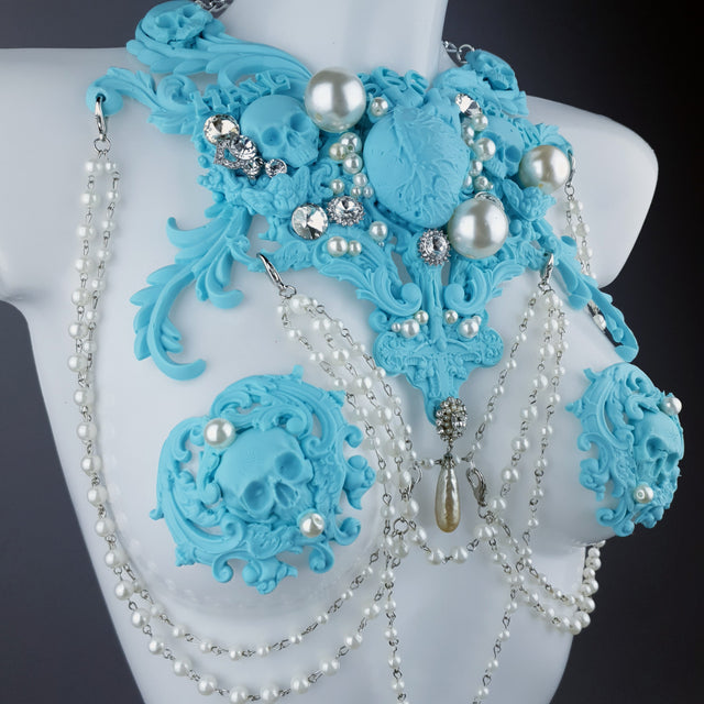 "Possess" Pastel Blue & Pearl 666 Filigree & Beading Jewellery Harness & Pasties