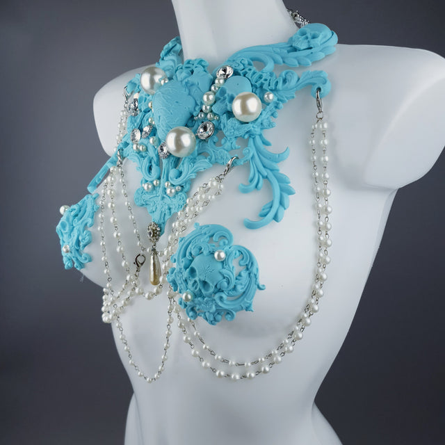 "Possess" Pastel Blue & Pearl 666 Filigree & Beading Jewellery Harness & Pasties