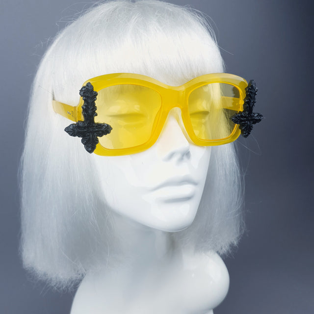 "Ophite" Yellow Unisex Sunglasses with Black Crosses