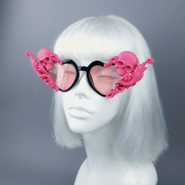 "Amodioa" Pink Skull & Filigree Heart Shaped Sunglasses