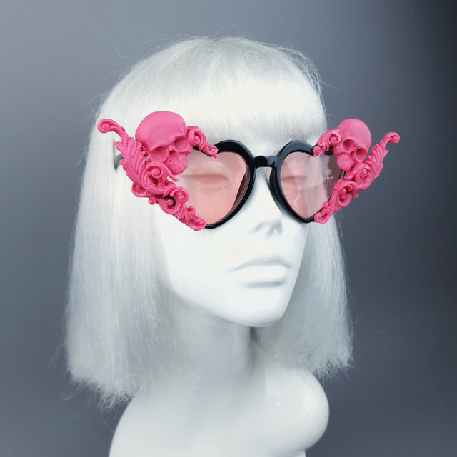 "Amodioa" Pink Skull & Filigree Heart Shaped Sunglasses