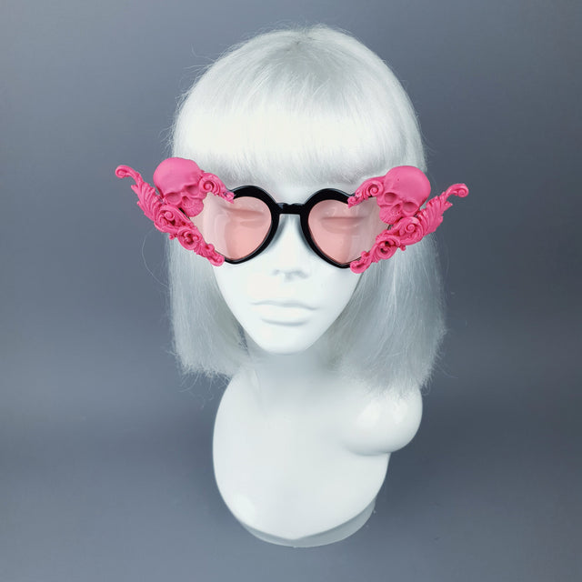"Amodioa" Pink Skull & Filigree Heart Shaped Sunglasses