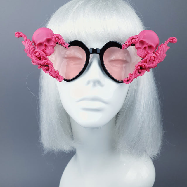 "Amodioa" Pink Skull & Filigree Heart Shaped Sunglasses