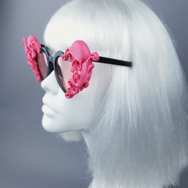 "Amodioa" Pink Skull & Filigree Heart Shaped Sunglasses