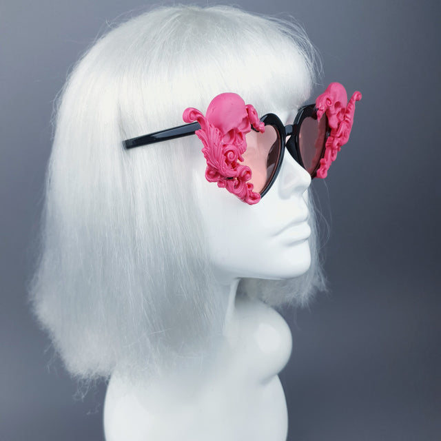 "Amodioa" Pink Skull & Filigree Heart Shaped Sunglasses