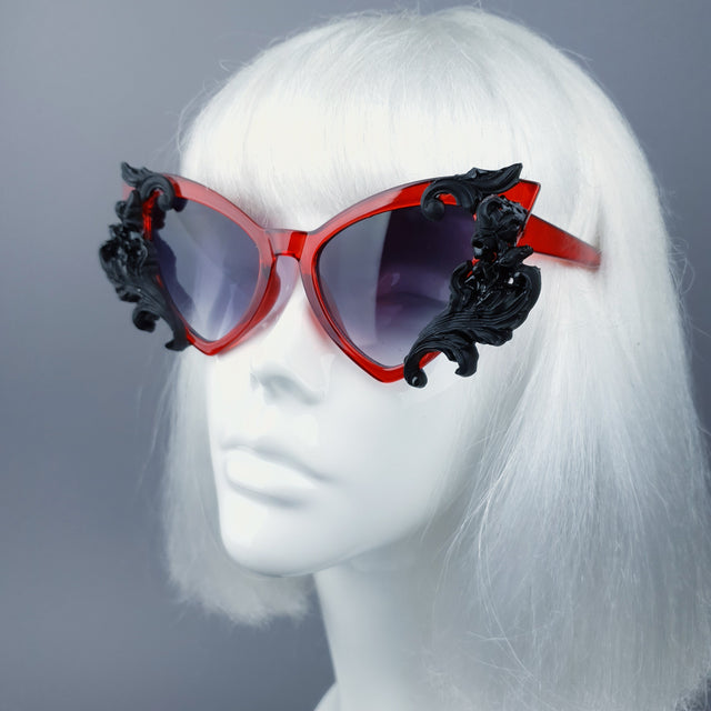 "Vampyr" Red & Black Filigree Catseye Sunglasses