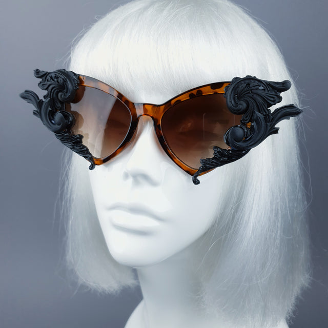 "Tantatris" Black & Tortoiseshell Filigree Catseye Sunglasses