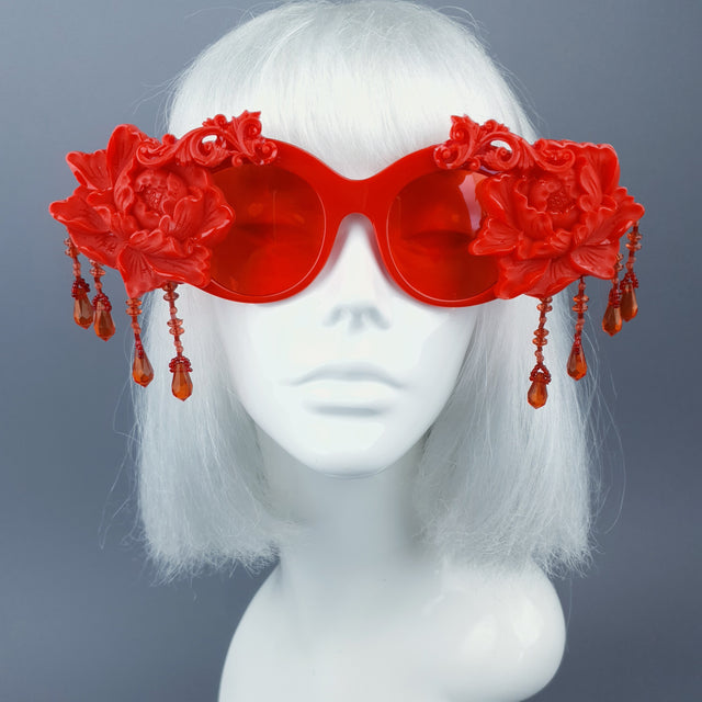 "Paeonia" OTT Statement Red Peony Filigree & Beading Sunglasses