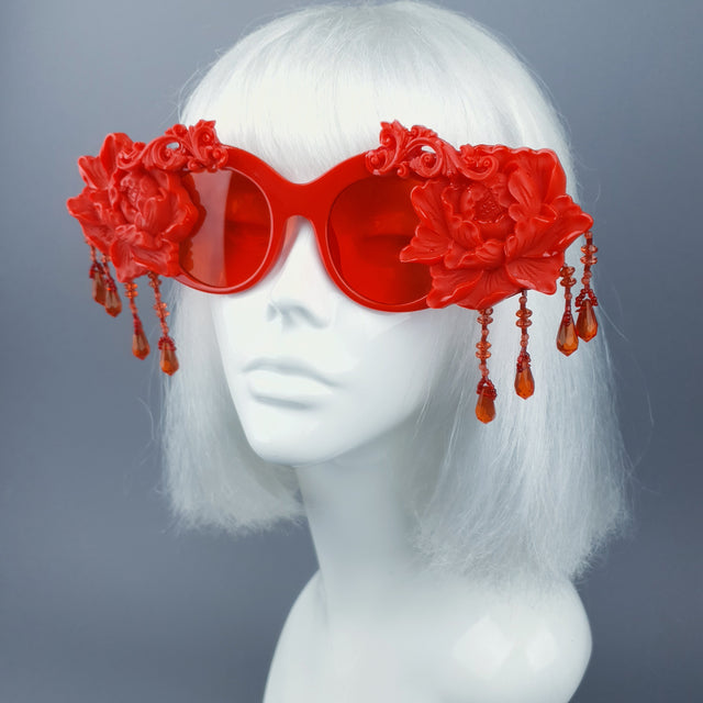 "Paeonia" OTT Statement Red Peony Filigree & Beading Sunglasses