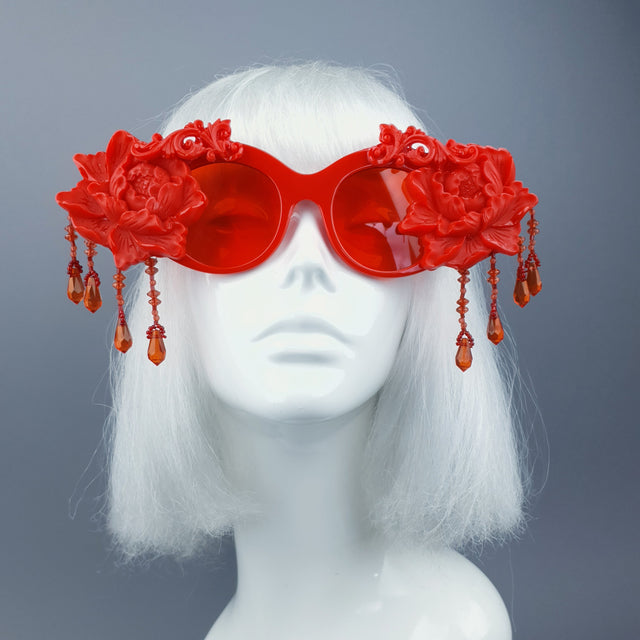 "Paeonia" OTT Statement Red Peony Filigree & Beading Sunglasses