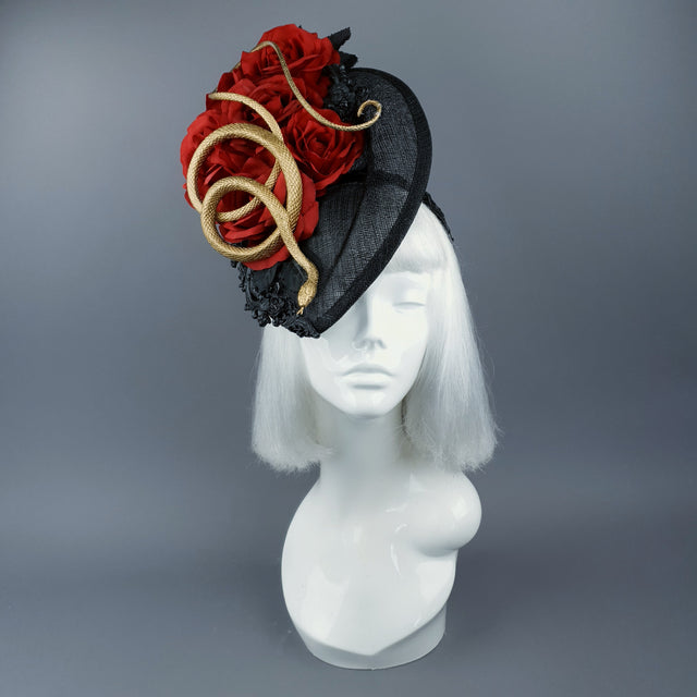 "Serpent" Red Rose, Gold Snake & Black Filigree Fascinator Hat