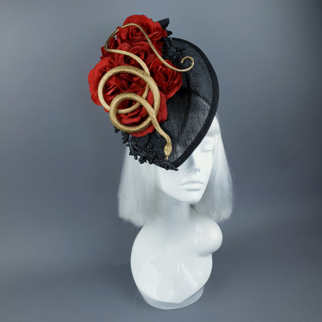 "Serpent" Red Rose, Gold Snake & Black Filigree Fascinator Hat